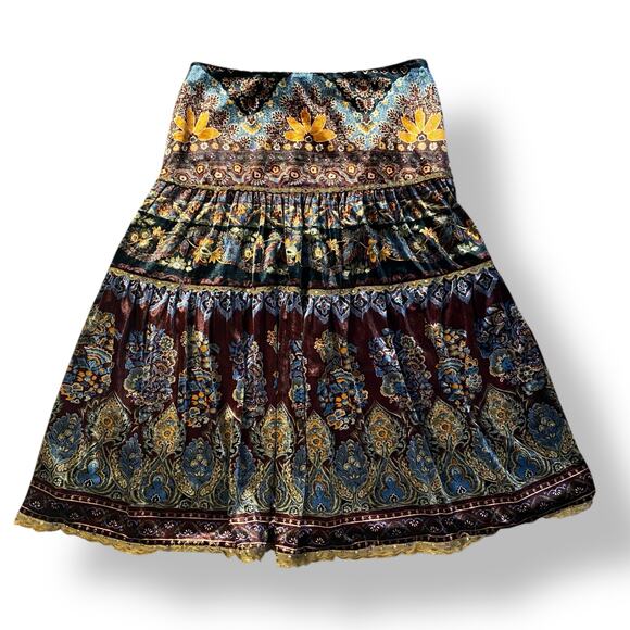 Vintage Y2K I.C.E. Velvet Boho‎ Tiered Tapestry Midi Skirt Size 8 - Picture 1 of 9